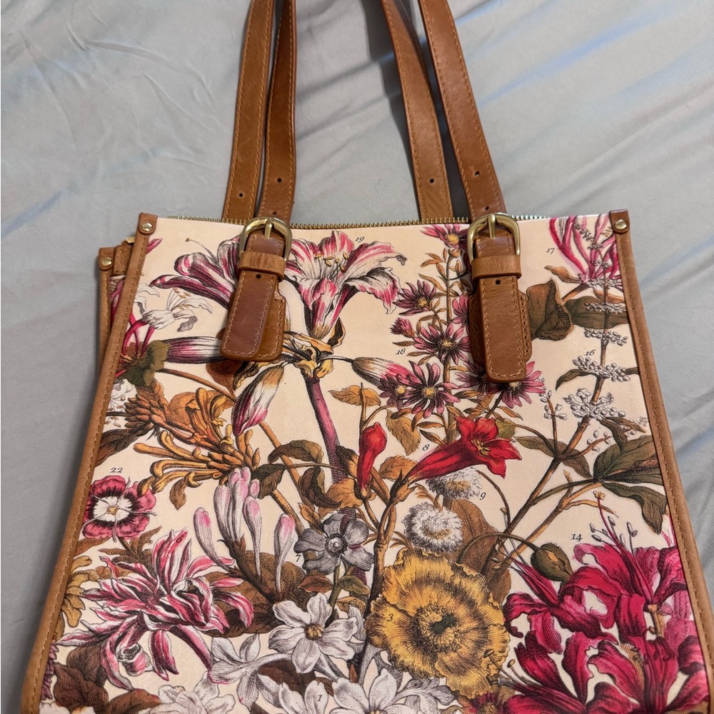 Jcon Floral Canvas Tote Bag with Brown Leather Straps